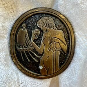 Vintage 1970s Solid Brass Belt Buckle Nautical Warrior Woman Sword Sailboat